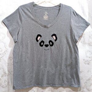 Panda Smiley V-Neck Short Sleeve Shirt 2X Cotton Blend Soft Kawaii Cute Preppy